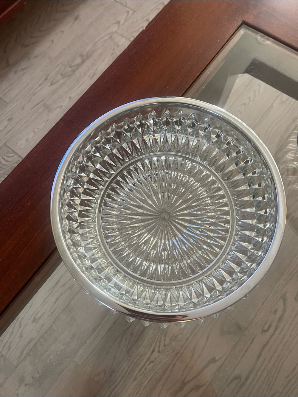 Clear Cut Glass Serving Bowl with Silver Rim